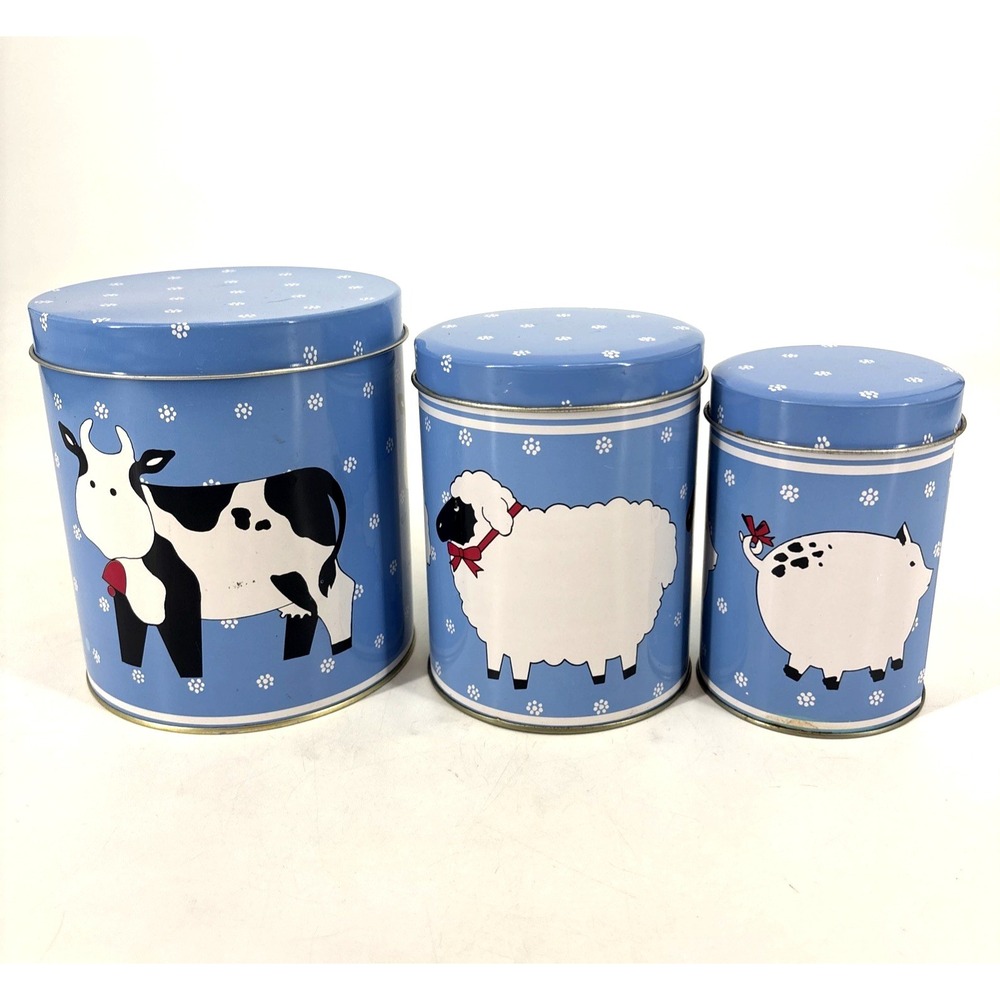 VTG Farm Nesting Tin Canisters set of 3 Cow Sheep Pig Grandma Cottage Core Blue